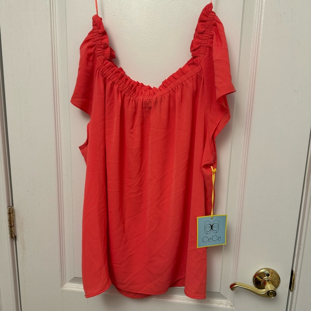 Cece - Bay Coral Dot Ruffle Off the Shoulder Short Sleeve Blouse